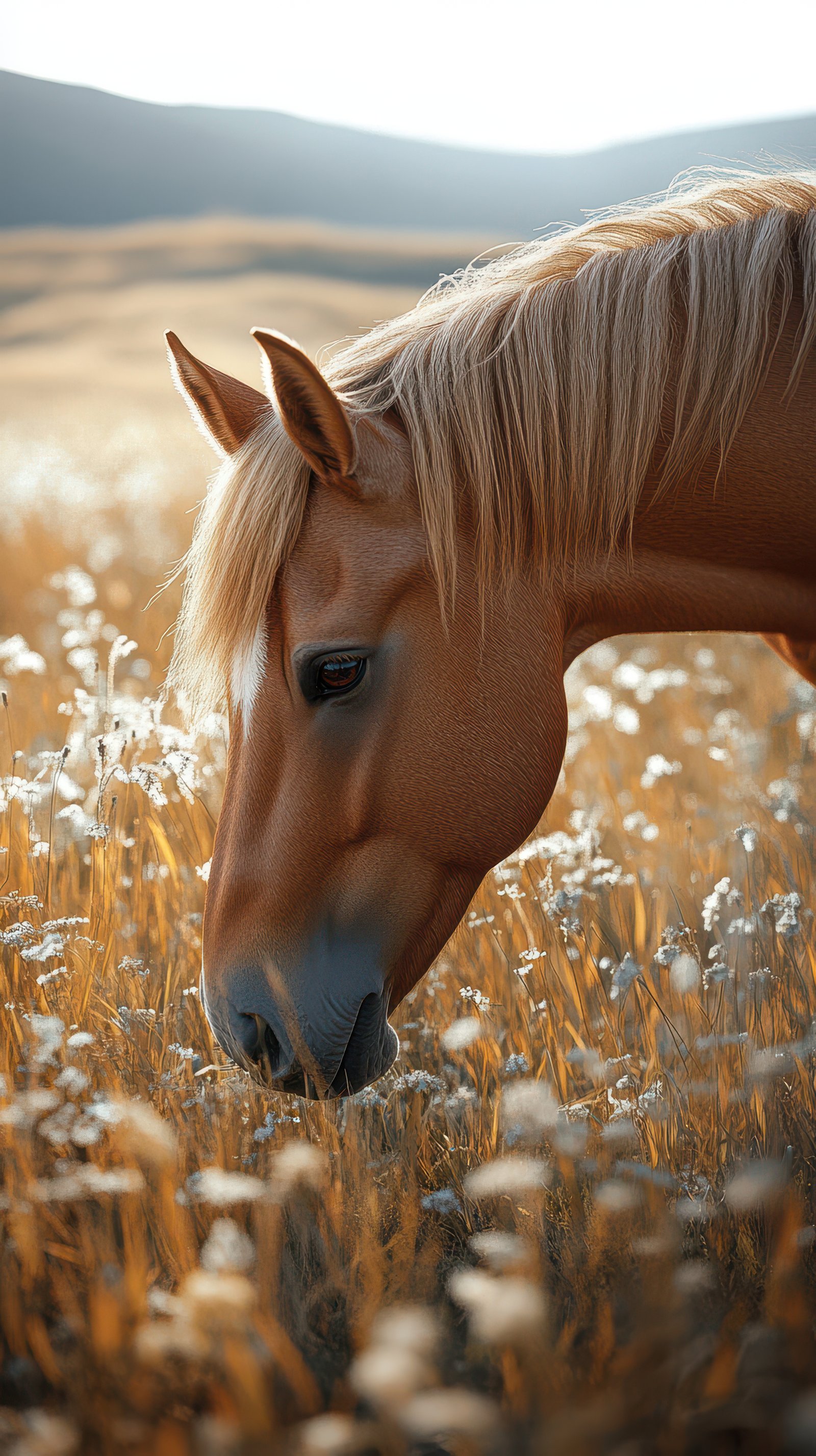 Horse grazing in a golden field at sunset surrounded by wildflowers and soft light